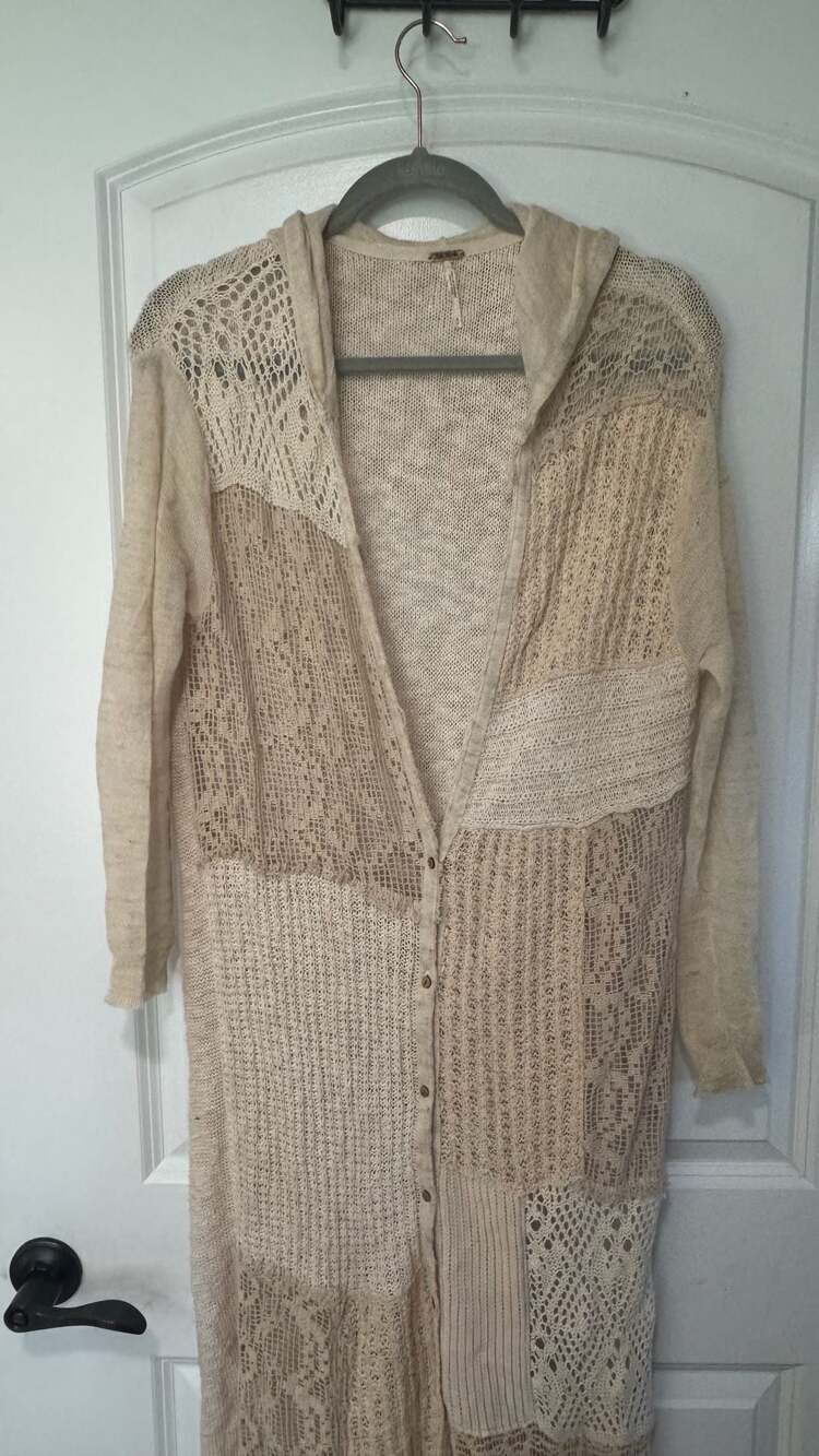 Free People Boho Crochet Patchwork Hooded Duster Cardigan Lagenlook Small - Picture 2 of 8